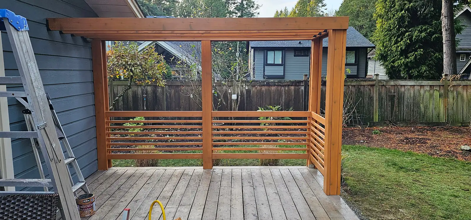 Cedar Pergola with Horizontal Railings - Northwood Landscaping project in Greater Vancouver