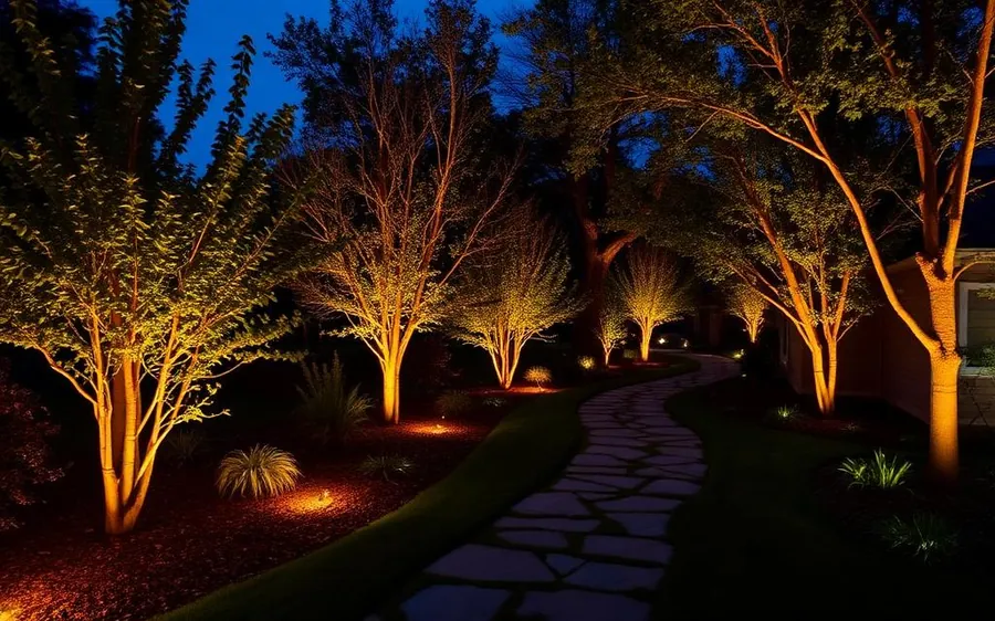 Architectural uplighting on trees and garden features in Greater Vancouver