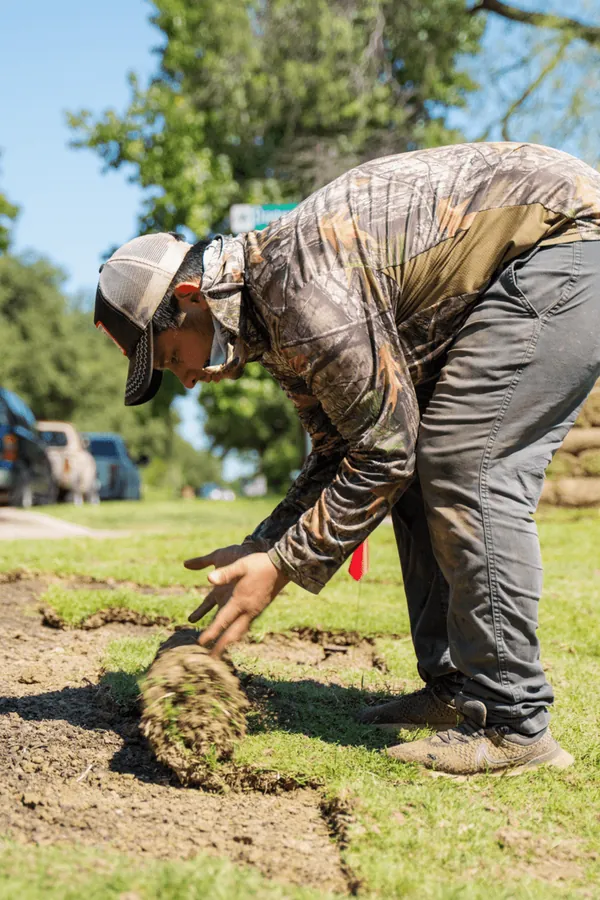 Worker laying fresh sod rolls on prepared soil in Vancouver BC